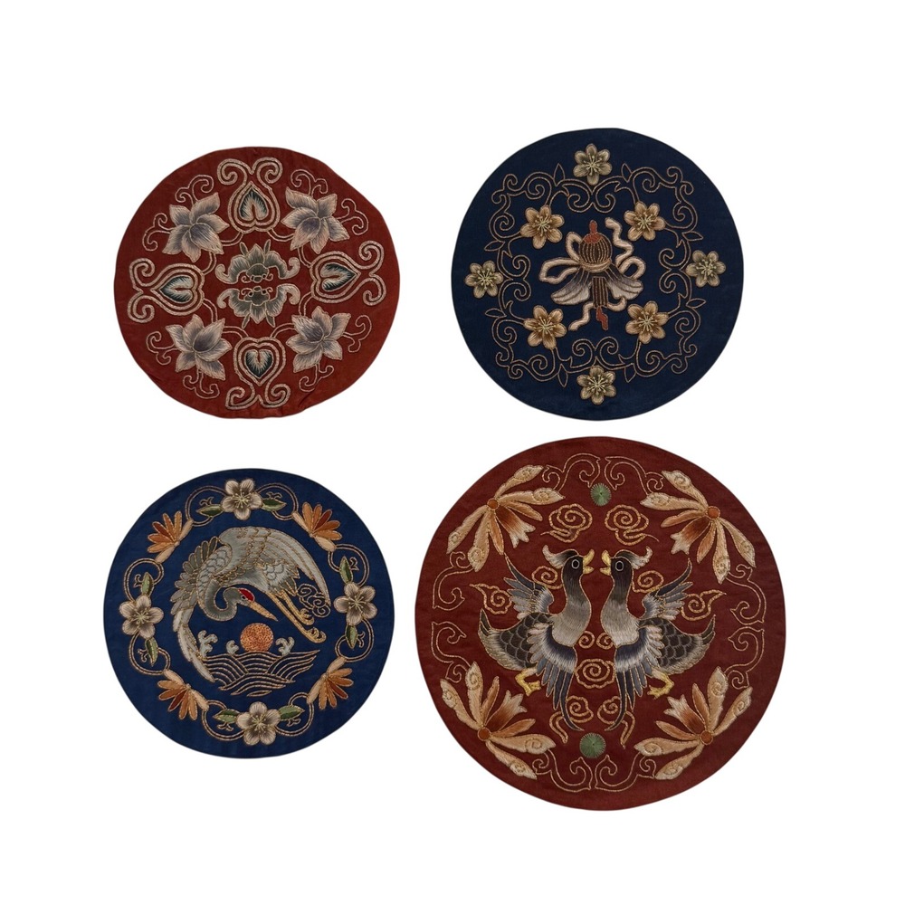 Vintage Silk Hand Embroidered Rank Badge Roundels Crane Duck Floral 4pc H145